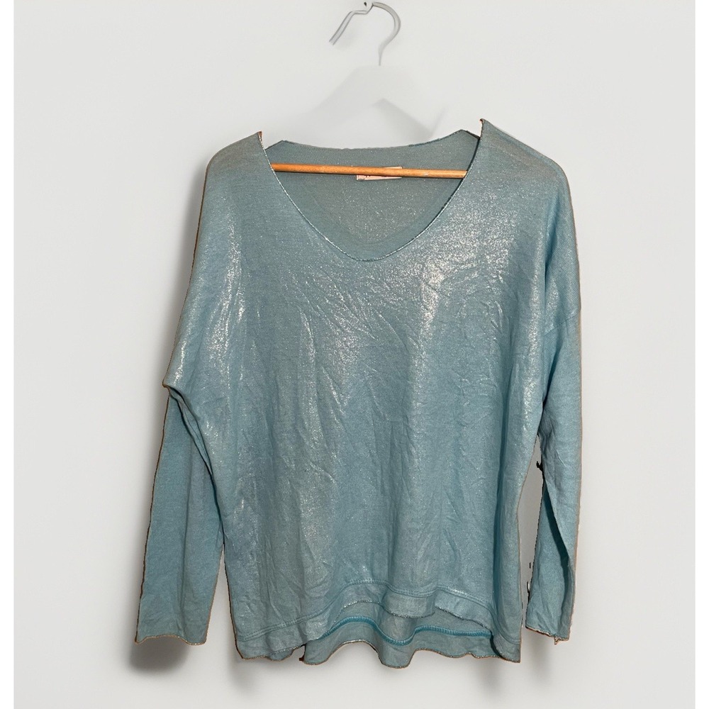 Gigi Moda Sweater Women's One Size Blue Silver Shimmer Thin Knit Coastal Core